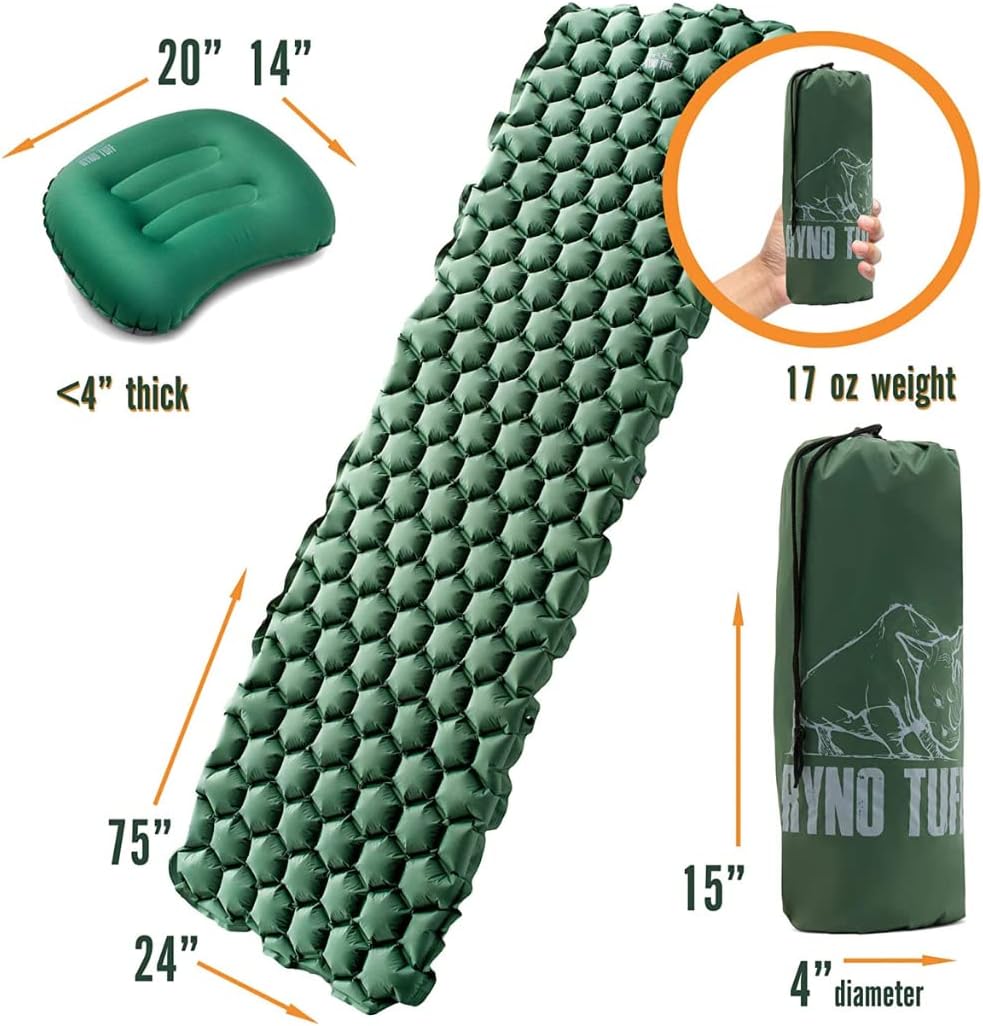 Ryno Tuff Camping Sleeping Pads and Camping Pillow Set - Ultralight Sleeping Pad for Camping, Backpacking Pad and Hiking Sleeping Pad- Ultralight and Packable Floor Sleeping Mat and Pillow Set