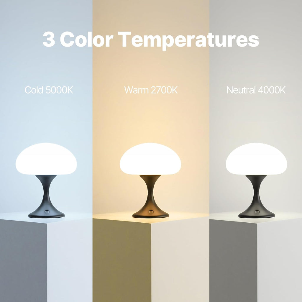 MAGCHARM Mushroom Lamp, 5W LED Cordless Rechargeable Table Lamp with Glass Shade, Small Retro Dimmable Touch Light with 3 Color Temps, Aesthetic Mid Century Bedside Light for Bedroom Ambient, Black