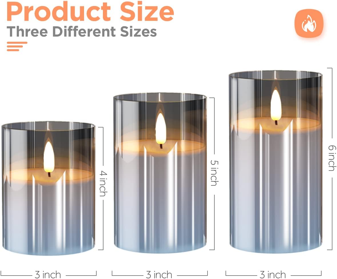 Tyawon Glass Battery Operated LED Flameless Candles with Remote and Timer, Real Wax Candles Warm Color Flickering Light for Festival Wedding Home Party Decor(Pack of 3)-Grey