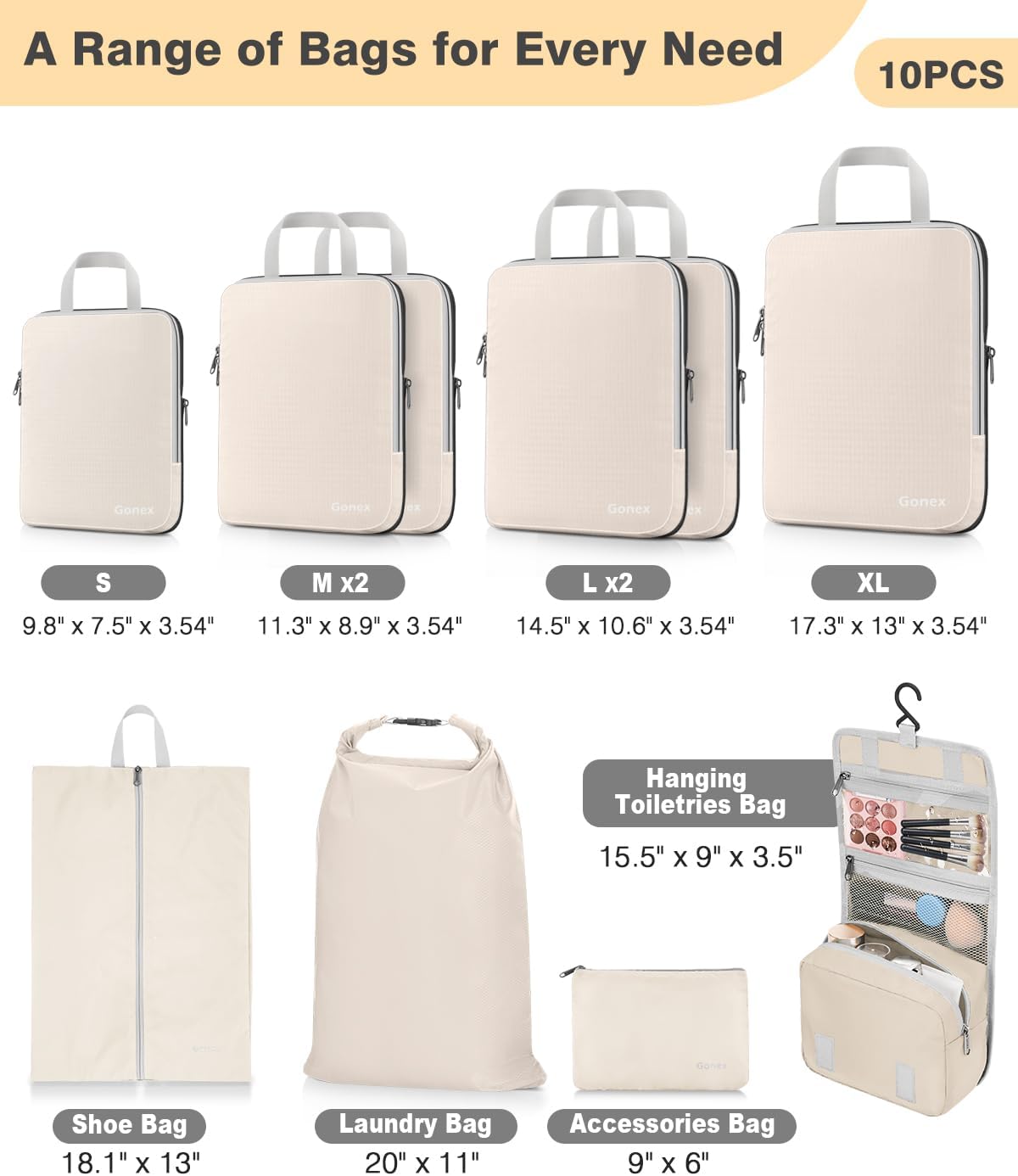 Gonex 10-Piece Compression Packing Cubes with Travel Organizer Set