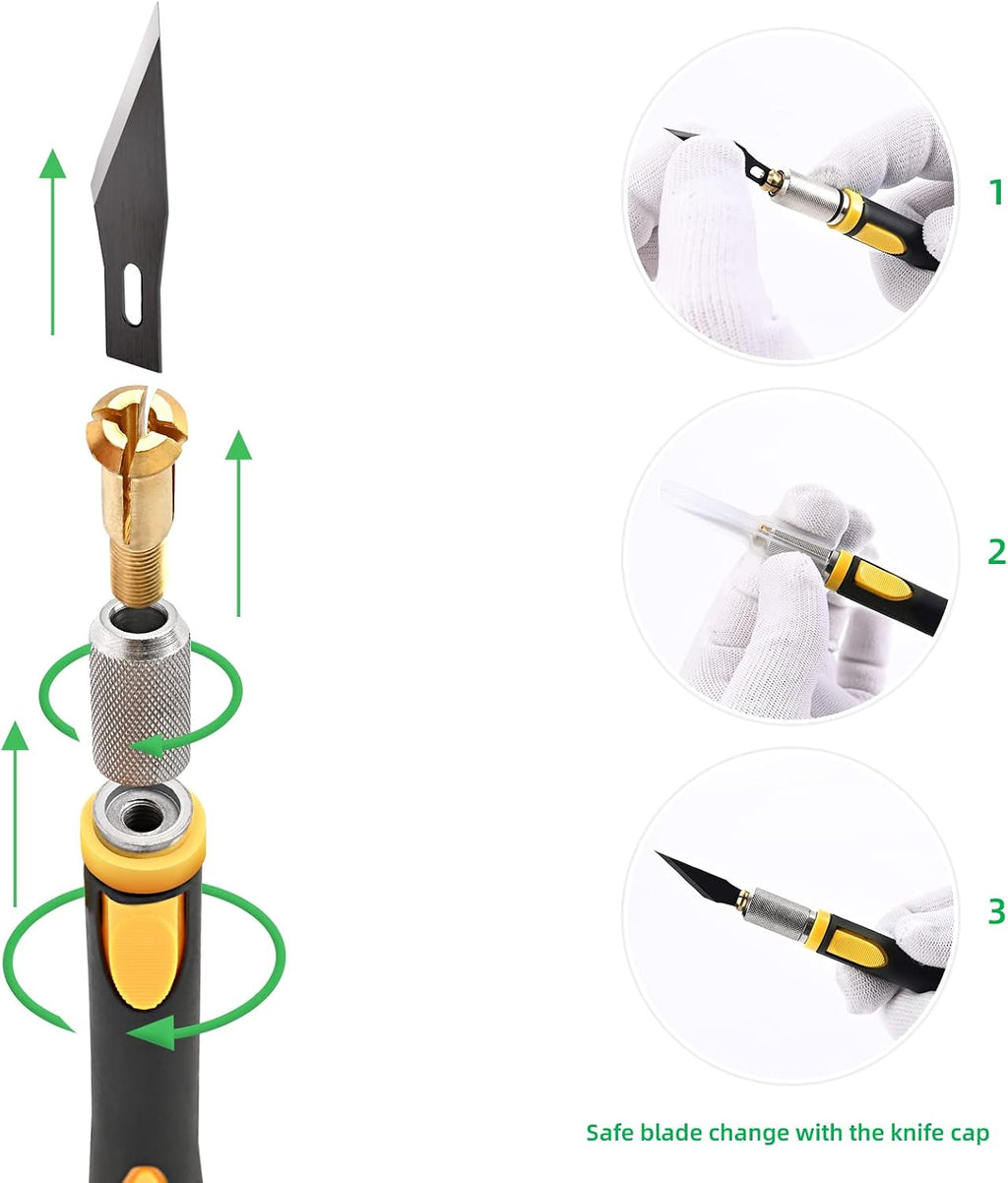 FOSHIO 2 Pack Precision Craft Knife Set with 20 Pieces Replacement Blades, Ergonomic Non-Slip Handle Hobby Knife with Protective Cover for Art, Craft Scrapbooking, Stencil (Yellow)