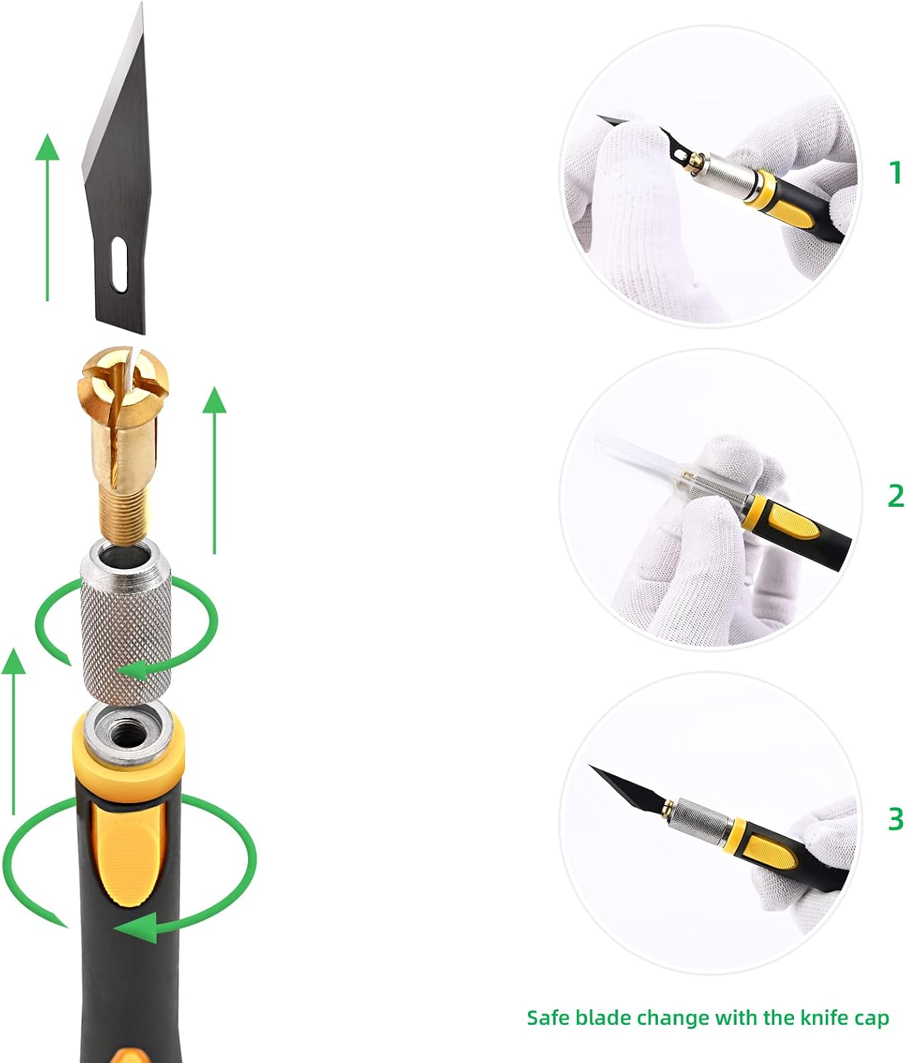 FOSHIO 2 Pack Precision Craft Knife Set with 20 Pieces Replacement Blades, Ergonomic Non-Slip Handle Hobby Knife with Protective Cover for Art, Craft Scrapbooking, Stencil (Yellow)
