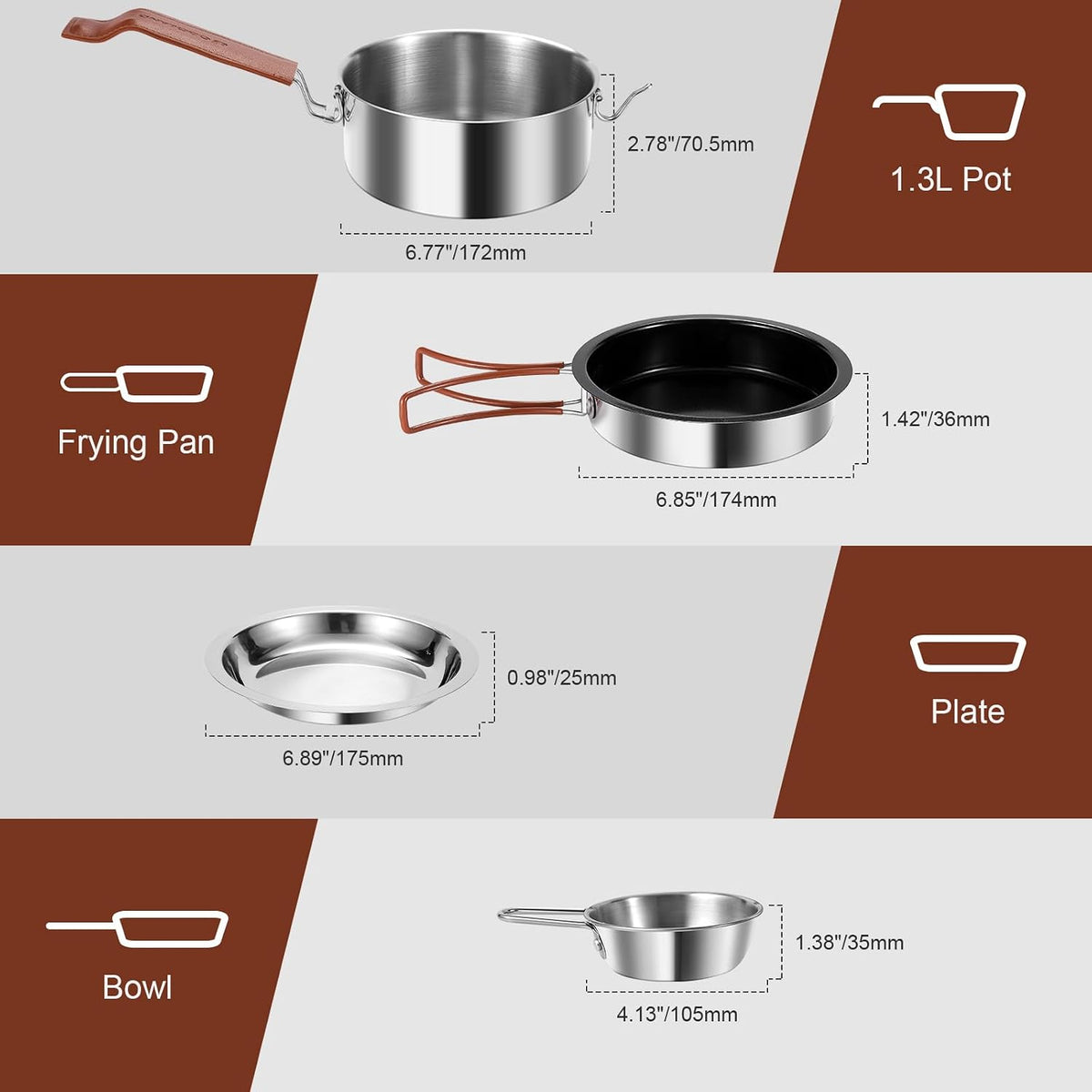 Odoland 10pcs Camping Cookware Stainless Steel Camping Pot and Pan Set with Plate Bowl Fork Knife Spoon for Backpacking, Hiking, Outdoor Cooking and Picnic