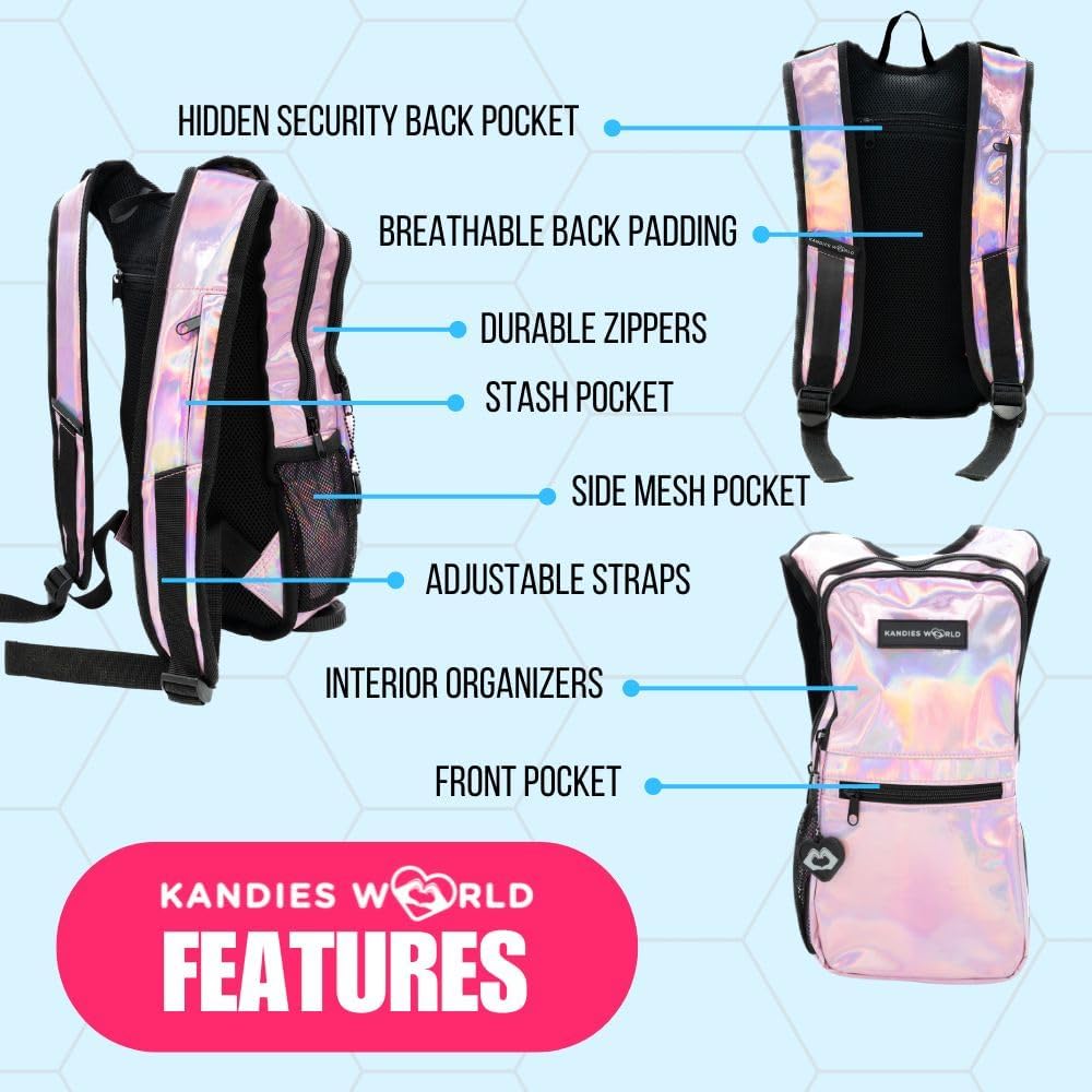 Kandies World Reflective Festival Hydration Pack - 2L Hydropack for Raves, Hiking, Biking, Running, and More (with Anti-Theft Pocket)