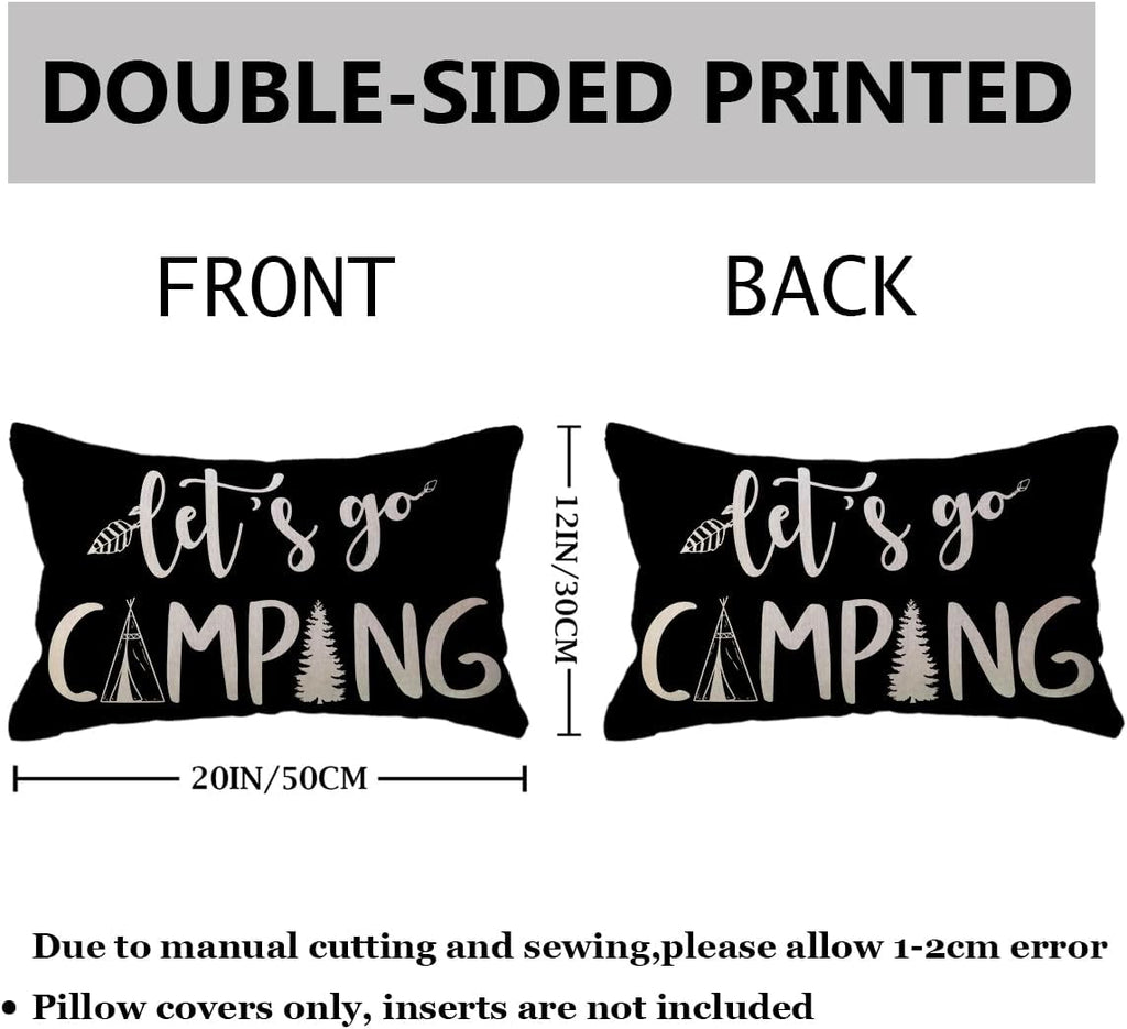 Adventure Camper Decorative Lumbar Pillowcase Double-sided Let’s Go Camping/Adventure Awaits Throw Pillow Covers Cabin/Camper Cushion Covers 12x20,2Pack for Sofa/Couch/Porch (Black)