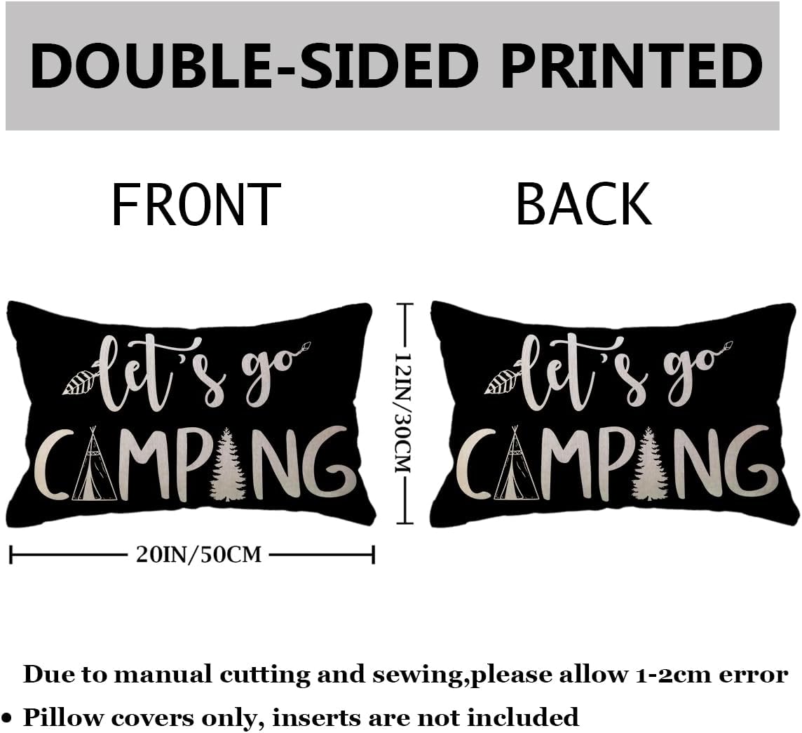 Adventure Camper Decorative Lumbar Pillowcase Double-sided Let’s Go Camping/Adventure Awaits Throw Pillow Covers Cabin/Camper Cushion Covers 12x20,2Pack for Sofa/Couch/Porch (Black)