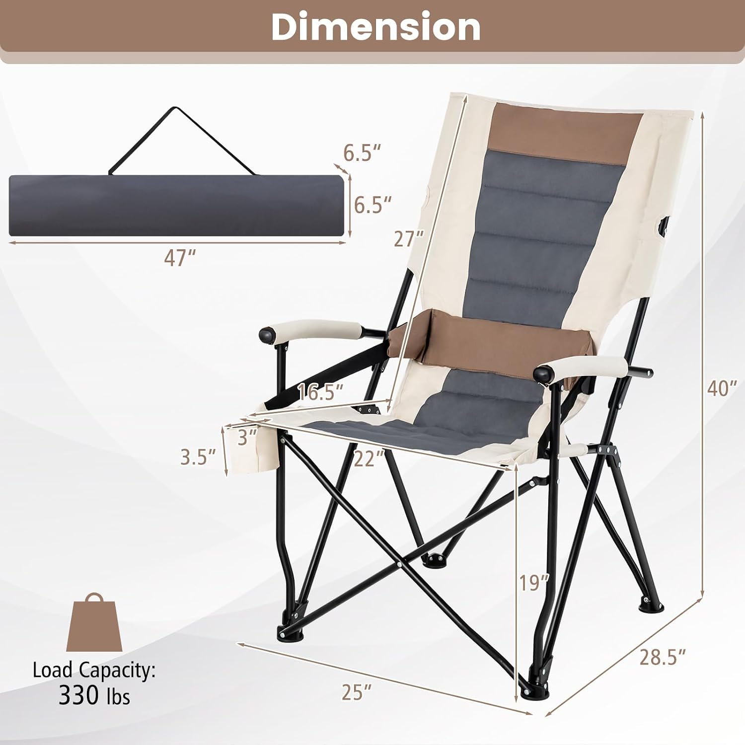 HAPPYGRILL Folding Camping Chair with Carrying Bag, Portable Lawn Chair with Cup Holder, 330 LBS Outdoor Chair for Outside Fishing Travel Swimming Picnic