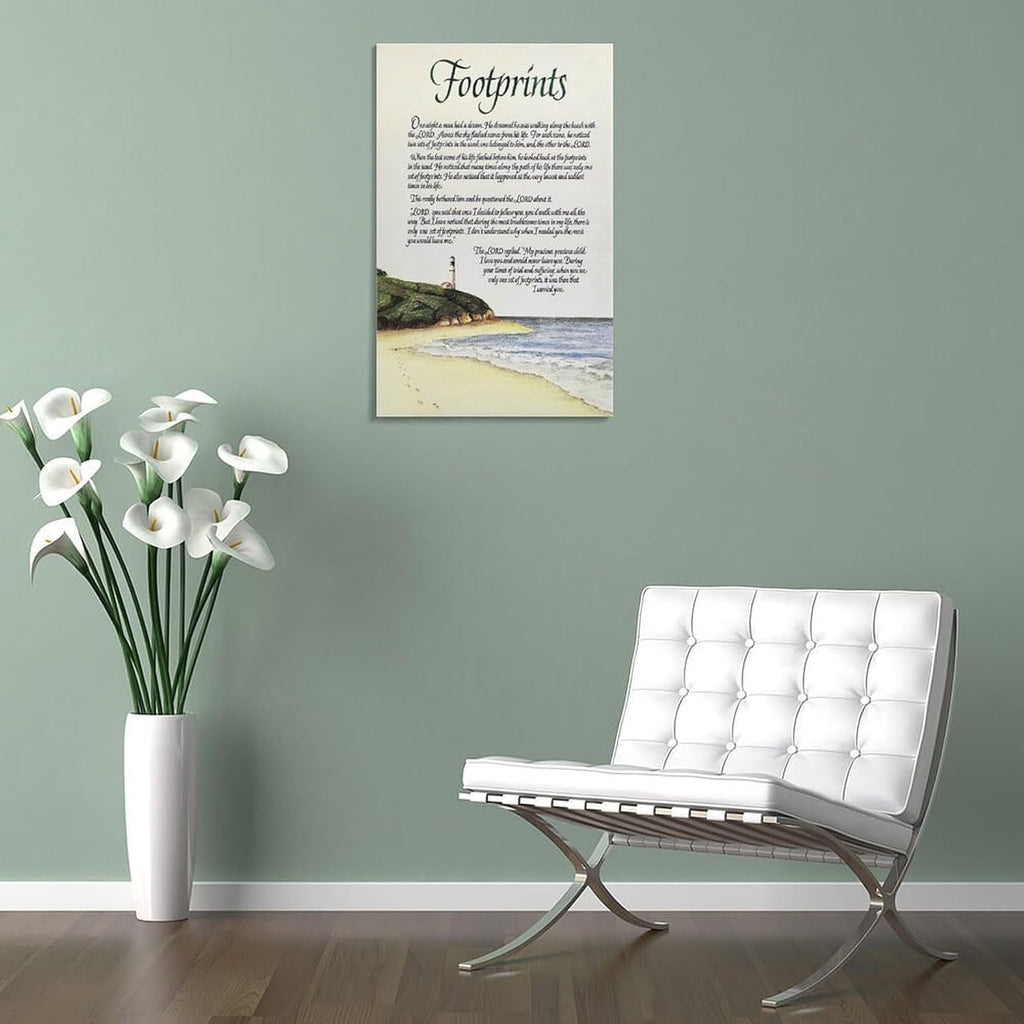 Footprints in the Sand Religious Canvas Wall Art Posters, Inspirational Beach Sunset Poem Print Poster (Framed 20x30inch, Footprints(5))