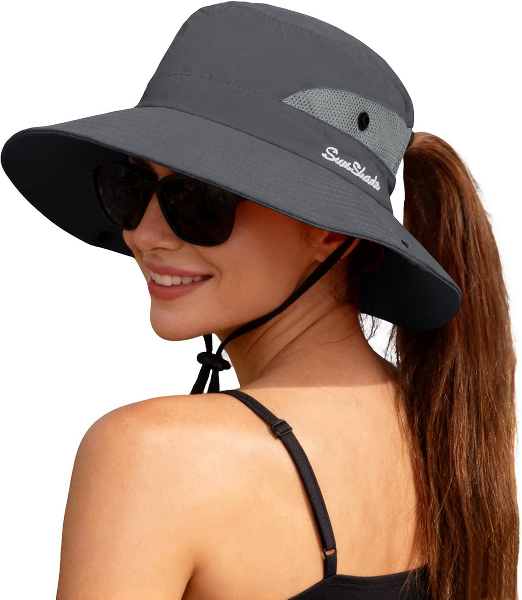 ZOORON Women's Ponytail Safari Sun Hat,Wide Brim UV Protection Bucket Hat