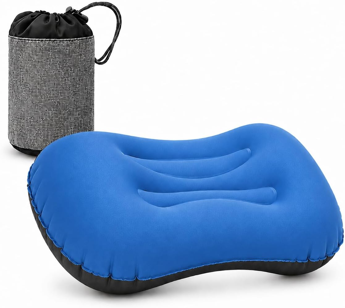 Inflatable Camping Pillow, Ultralight Travel Pillow with Storage Bag for Neck Lumbar Support, Compact Comfortable Inflating Pillow for Camping, Hiking, Backpacking, Outdoor (Dark Blue)