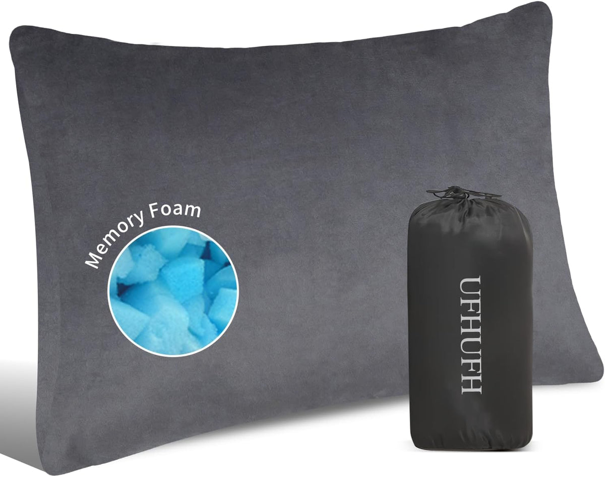 Camping Pillow,Compressible Small Shredded Memory Foam Pillow,Travel Pillow for Airplane,Backpacking and Hiking Grey Medium 1 Pack