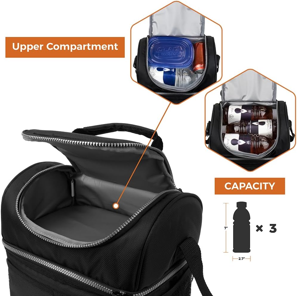 opux Insulated Lunch Bag for Men Women, Double Decker Leakproof, Black