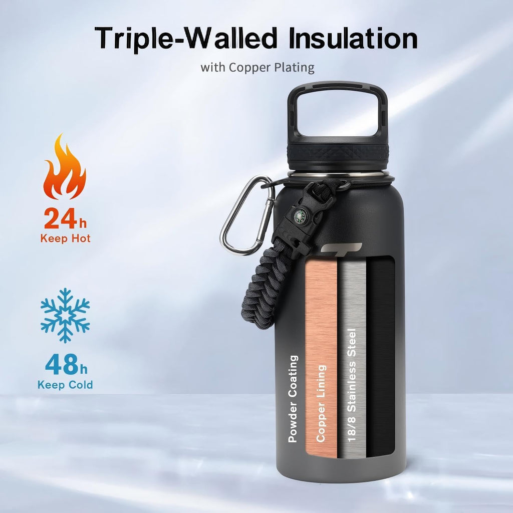 Trebo Insulated Water Bottle 32 oz with 3 Lids, Paracord Handle & Sleeve