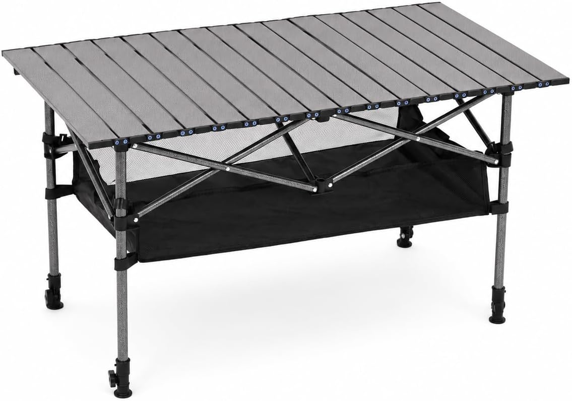Portable Folding Camping Table, Adjustable Height, Beige, 37 x 21 in