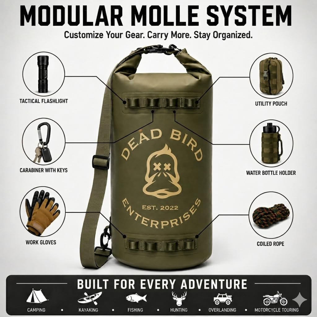 Dead Bird Enterprises Waterproof 20L Dry Bag, Military Green Shell Pouch with Roll Top Closure for Duck Hunting, Kayaking, Camping, Beach, Boating & Fishing, 500D PVC Tarpaulin Waterproof Shell Bag