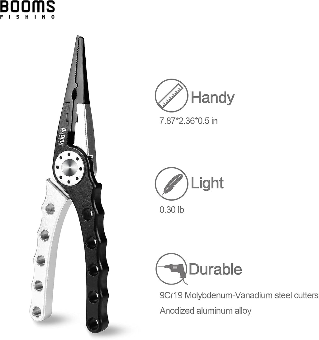 Booms Fishing X1 Aluminum Fishing Pliers Saltwater, Surf Fishing Tackle Kit, Fishing Multitool Hook Remover Braided Fishing Line Cutting and Split Ring with Coiled Lanyard and Sheath