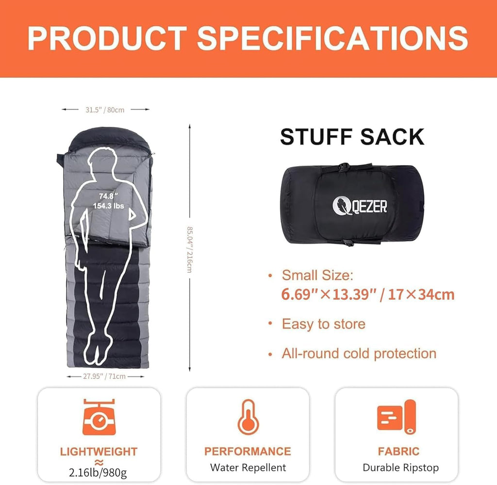 Down Sleeping Bag for Adults, 600FP Cold Warm Weather Backpacking