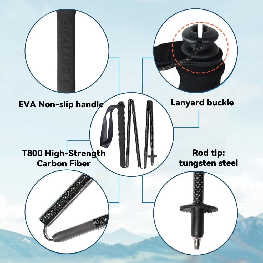 2pc High Strength 5-Section Foldable Carbon Fiber Trekking Poles - 115g/125g/130g, Compact Hiking Staff for Men & Women, Ideal for Hiking, Trekking, Mountaineering & Backpacking