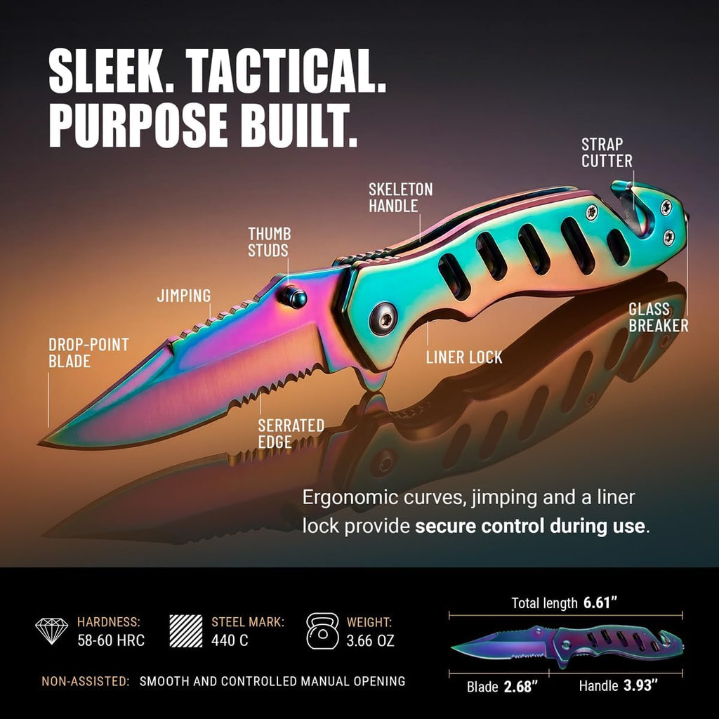 Legal Rainbow Pocket Knife with Glass Breaker Seatbelt Cutter - 2.68 Inch Sharp Serrated Blade - Cute Small Folding Womens Knives for Self Defense EDC Camping - Food Processing Cake Knives 6655 R