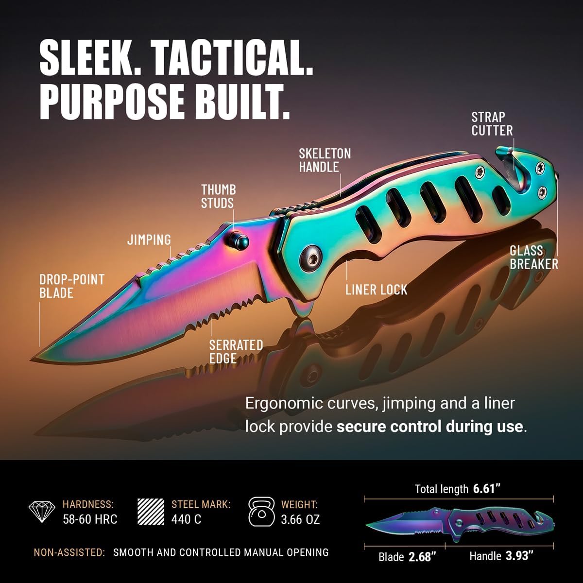 Legal Rainbow Pocket Knife with Glass Breaker Seatbelt Cutter - 2.68 Inch Sharp Serrated Blade - Cute Small Folding Womens Knives for Self Defense EDC Camping - Food Processing Cake Knives 6655 R