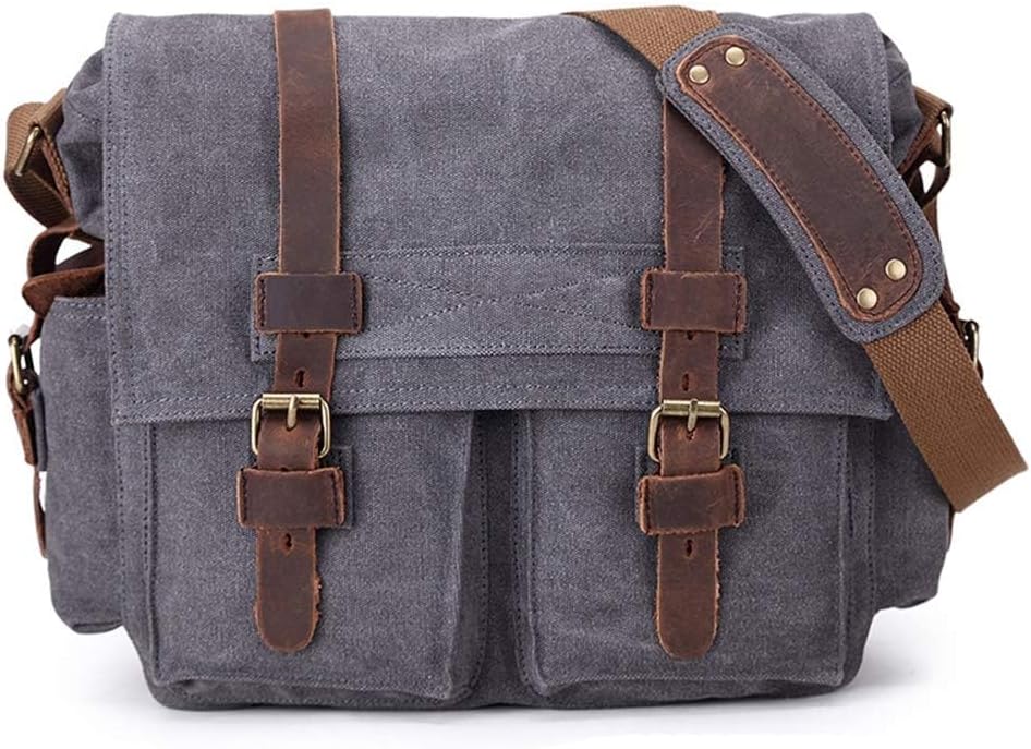 Sechunk Vintage Military Leather Canvas Laptop Bag Messenger Bags Medium