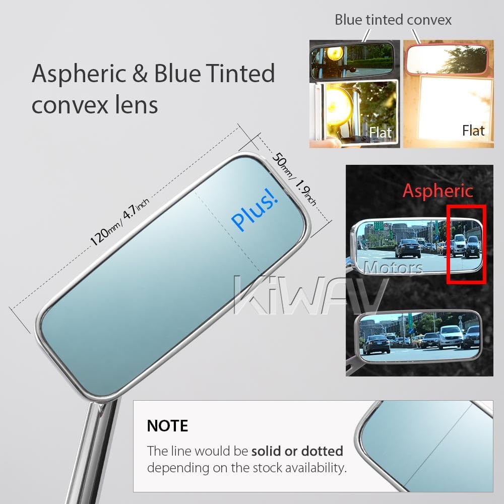KiWAV Motorcycle Mirrors Rear View Side Rectangular ClassicPlus Chrome Convex Aspherical Anti-Glare Blue Tinted Glass Longer Stem Compatible for Custom Harley Street 500 750 Pack of Pair