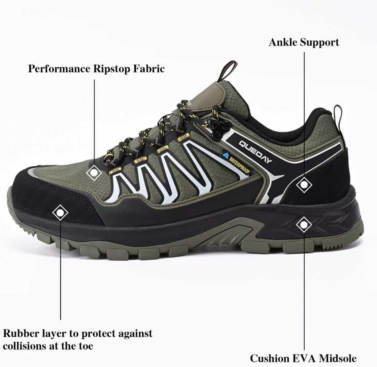 Queday Mens Waterproof Lightweight Hiking Shoes