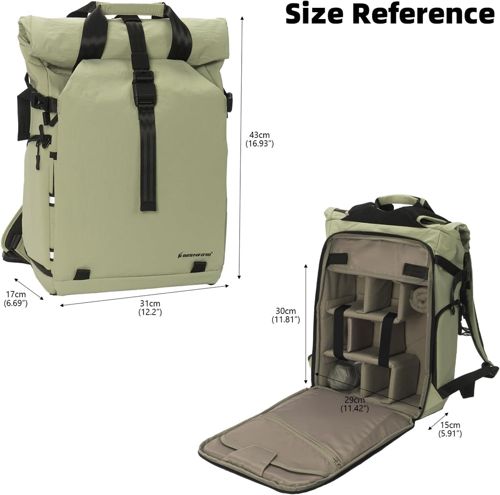 Besnfoto Camera Backpack, Expandable Roll Top Waterproof Photography Bag with Modular Dividers, Professional Camera Case for DSLR SLR Mirrorless Drones, Fits Up to 15.6 Inch Laptop