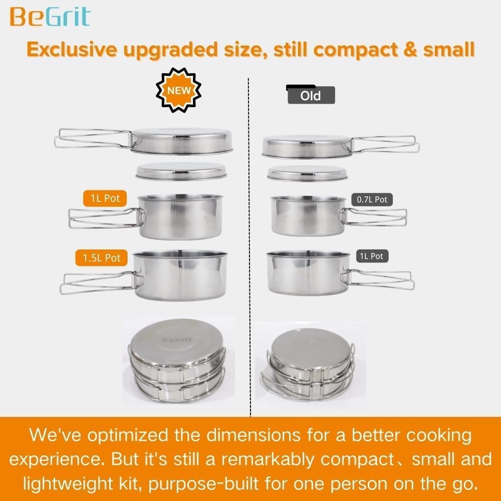 BeGrit Stainless Steel Camping Cookware Pot and Pan Set for Backpacking