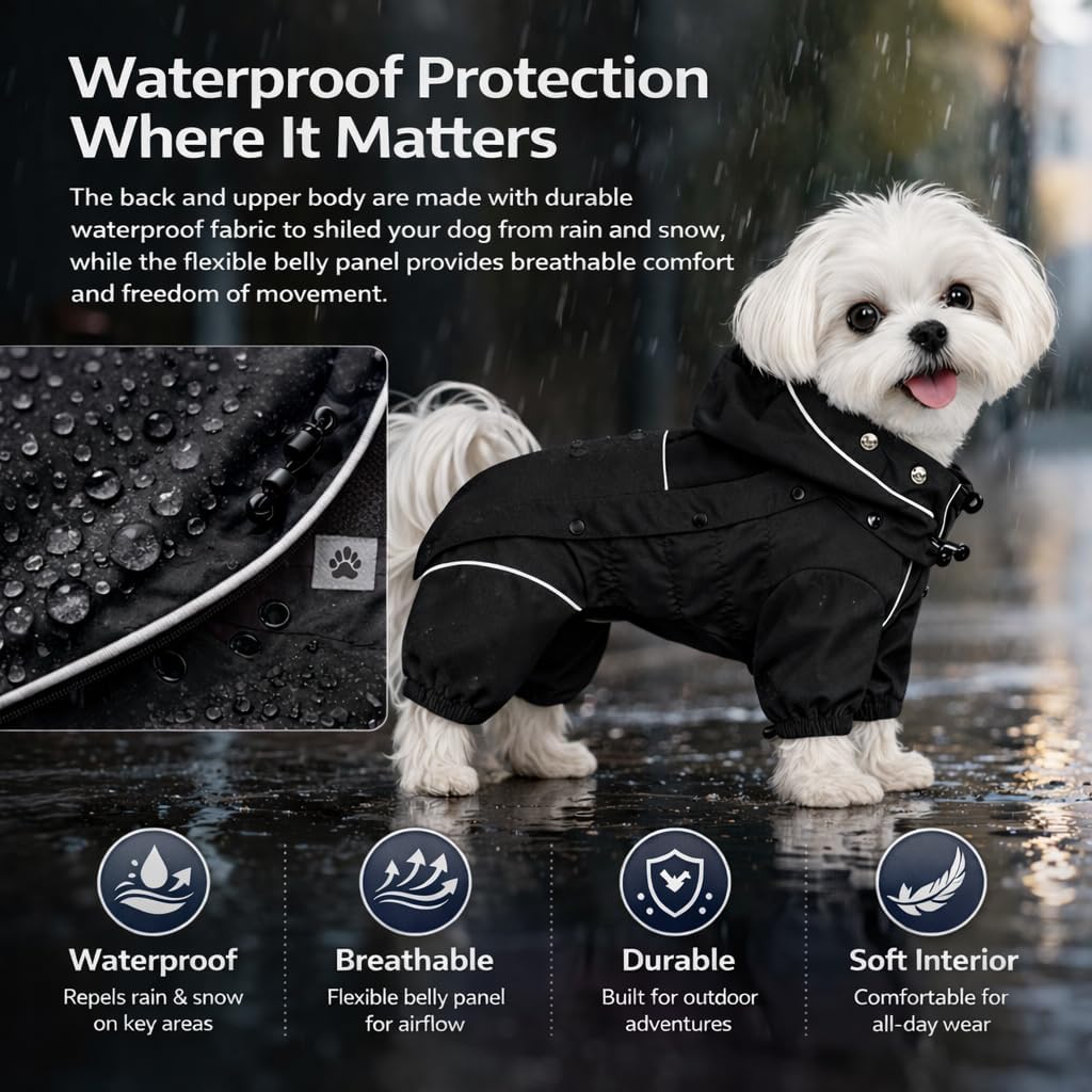 LOVELONGLONG Waterproof Dog Raincoat with Removable Hood – Outdoor Full Body Dog Jacket, Windproof Snowproof Shell Suit – All Season Pet Rain Gear Black 3XL