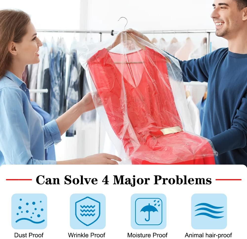 BEISHIDA 50PCS 60 Inch Plastic Garment Bag-Plastic Clear Dry Cleaner Laundry Bags for Clothes Cover, Hanging Clothes Storage for Long Dresses Skirt Coat Suit Shirt Jacket