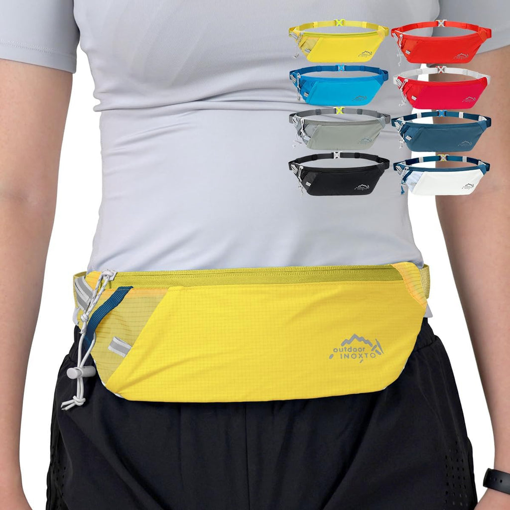 INOXTO Slim Running Belt Fanny Pack for Women and Men Sports Waist Bag Pack with 300ml Water Bottle for Running Walking Cycling Hiking Reflective Running Pouch Belt for All Phones (Yellow)