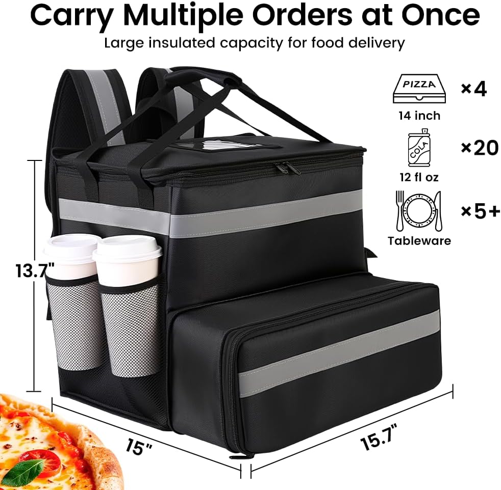 Insulated Food Delivery Backpack with Cup Holders, Expandable Bag