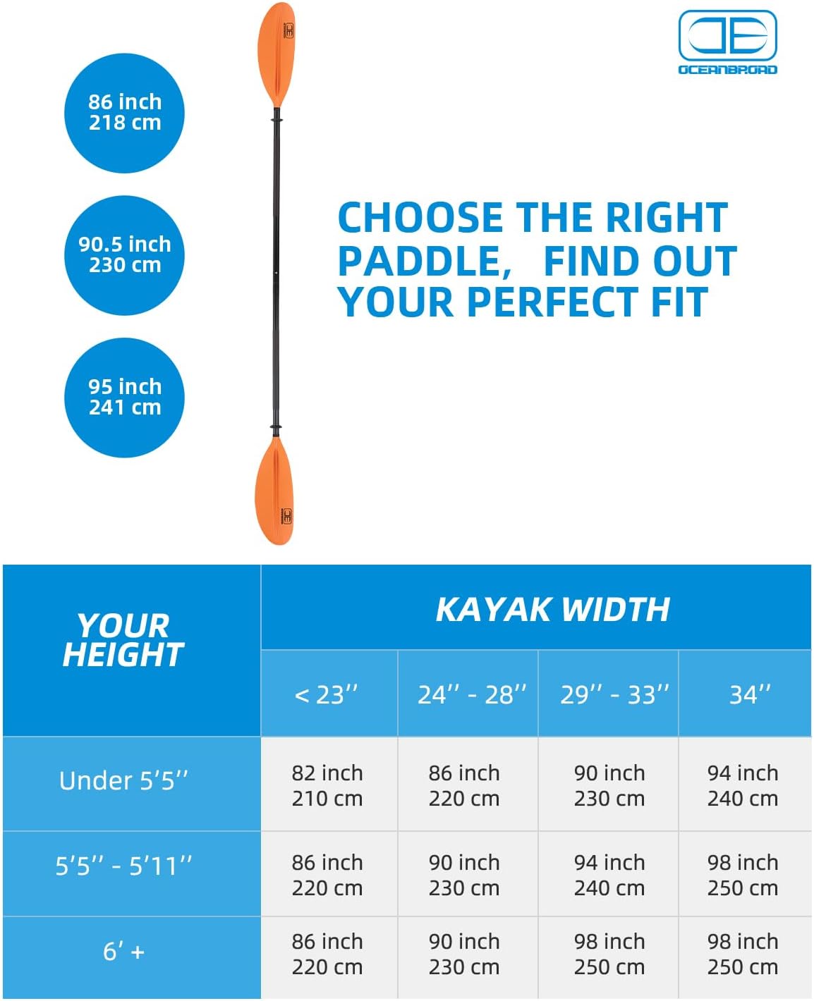 OCEANBROAD Kayak Paddle 86in/218cm, 90.5in/230cm, 95in/241cm Alloy Shaft Kayaking Boating Canoeing Oar with Paddle Leash