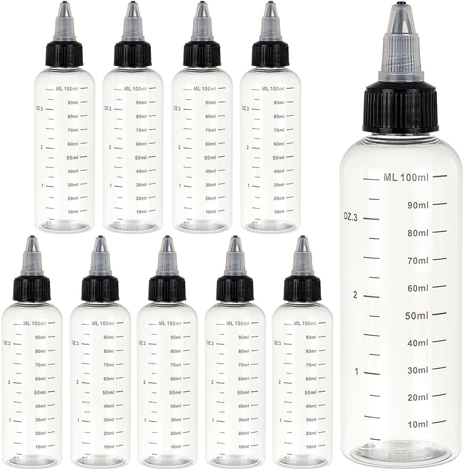 BENECREAT 10PCS 100ml/3.38 oz Transparent Plastic Squeeze Bottles with Scale and Black Twist Cap Graduated Squeeze Dispensing Bottles for Ink Liquid, Oils, Gels, Glue