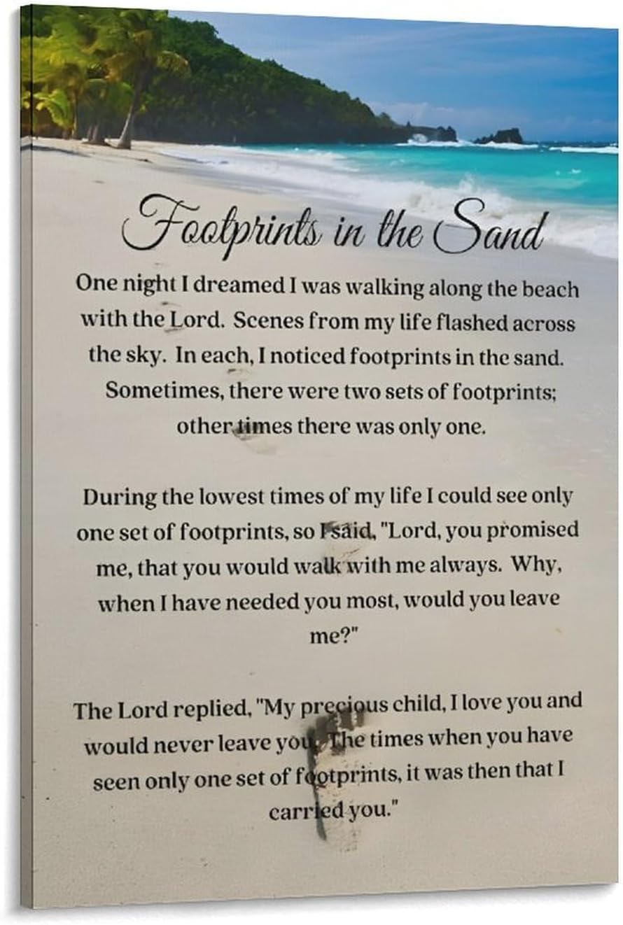 Footprints in the Sand Religious Canvas Wall Art Posters, Inspirational Beach Sunset Poem Print Poster (Framed 20x30inch, Footprints(4))