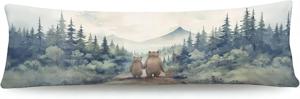 Rustic Forest Bear 20x54 Body Pillow Cover, Bear Nursery Decor, Nature Mountain Lake Scenic Bears Family Long Body Pillowcase with Zipper for Bed Couch Kids Room