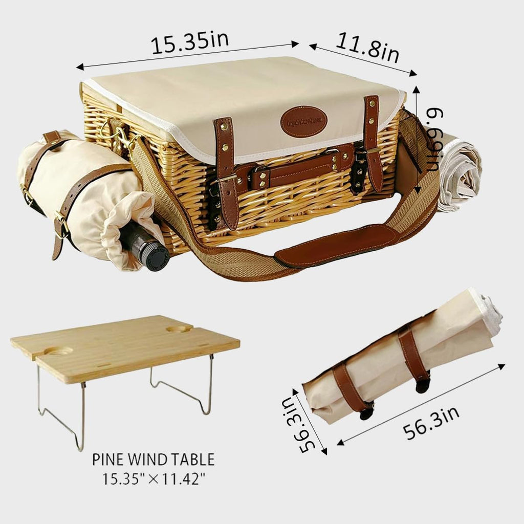 Multifunctional Wicker Picnic Basket Set for 2 Adults with Blankets & Table