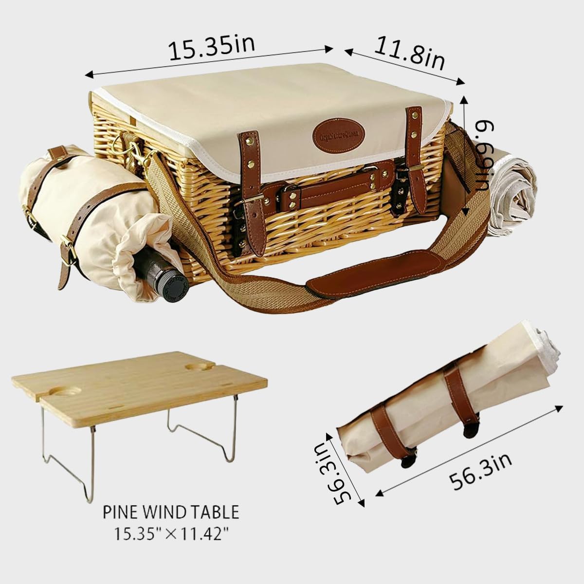 Multifunctional Wicker Picnic Basket Set for 2 Adults with Blankets & Table