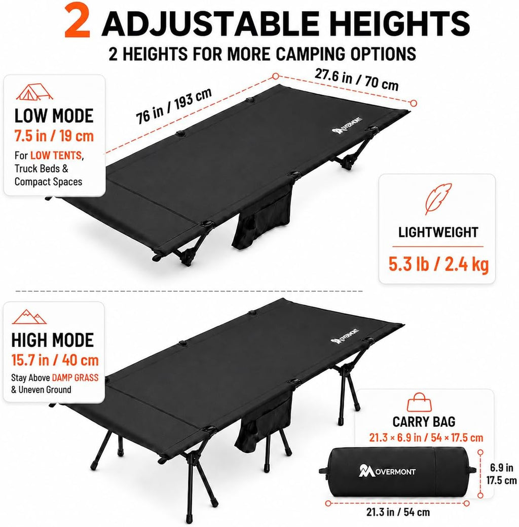 Overmont Portable Camping Cot for Adults - 7075 Aluminum Height Adjustable