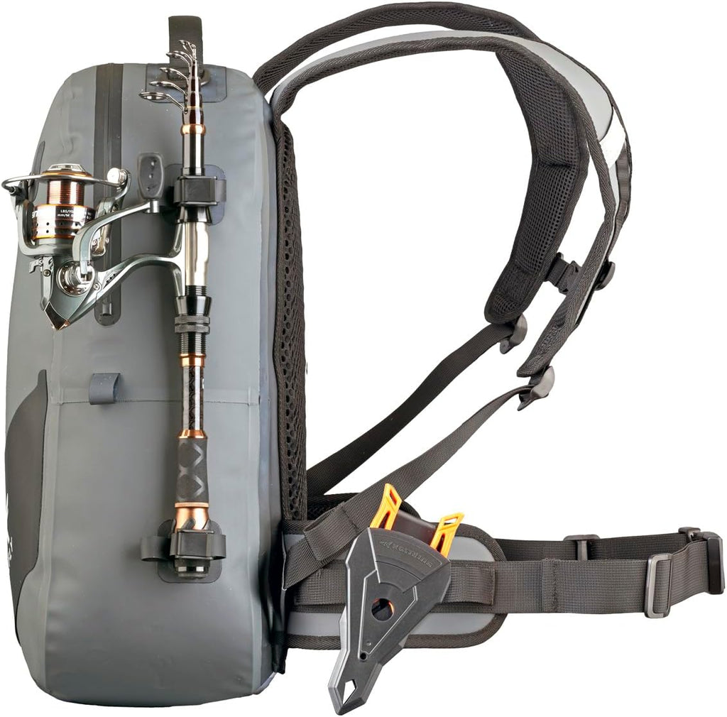 Xelfly - Waterproof Fishing Backpack with Rod Holder, Inflatable Air Valve, Padded Waist Straps & Gear Loops - Submersible Zipper, Rugged Top Handle, Adjustable Attachments (Gray)