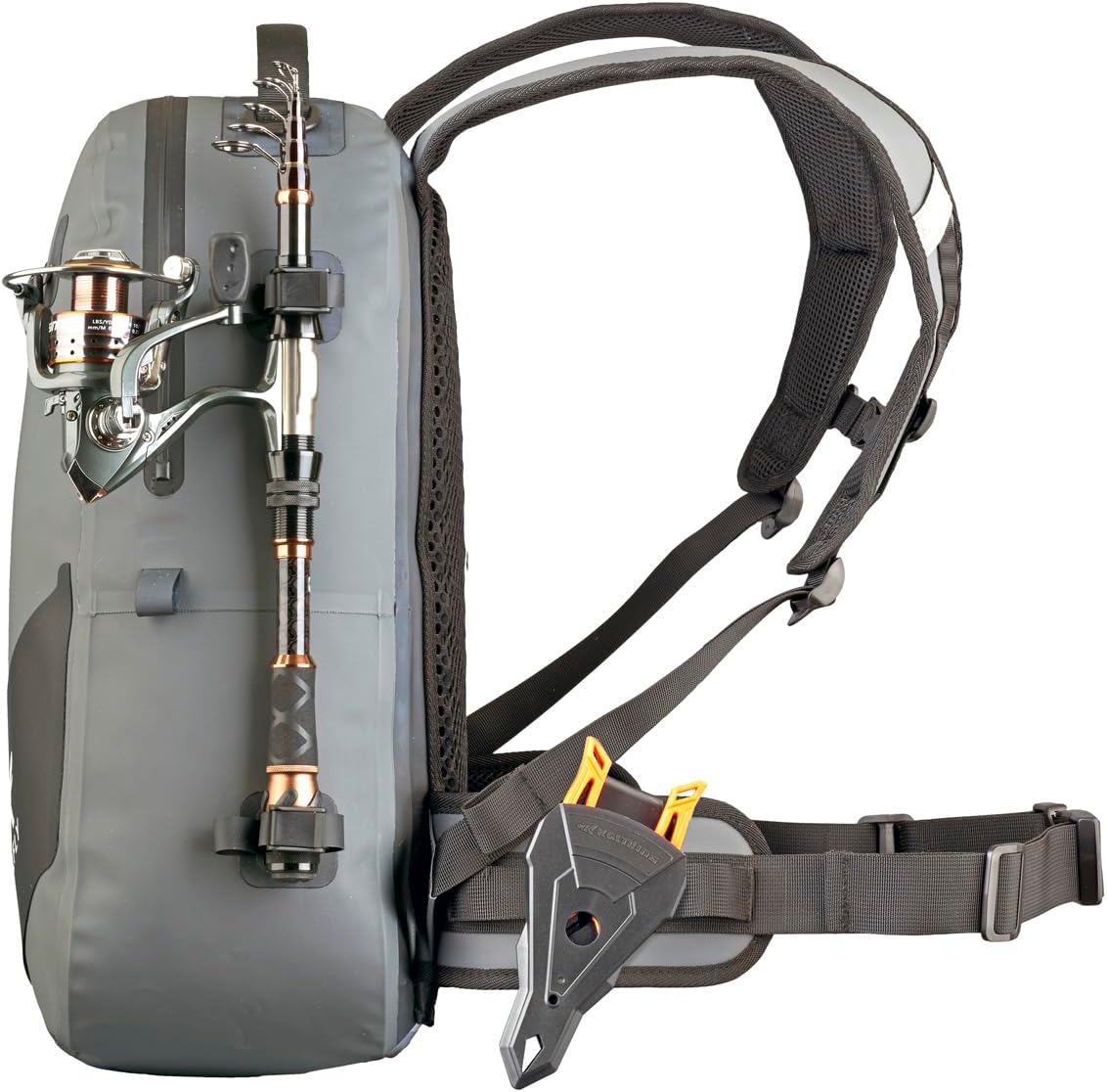 Xelfly - Waterproof Fishing Backpack with Rod Holder, Inflatable Air Valve, Padded Waist Straps & Gear Loops - Submersible Zipper, Rugged Top Handle, Adjustable Attachments (Gray)