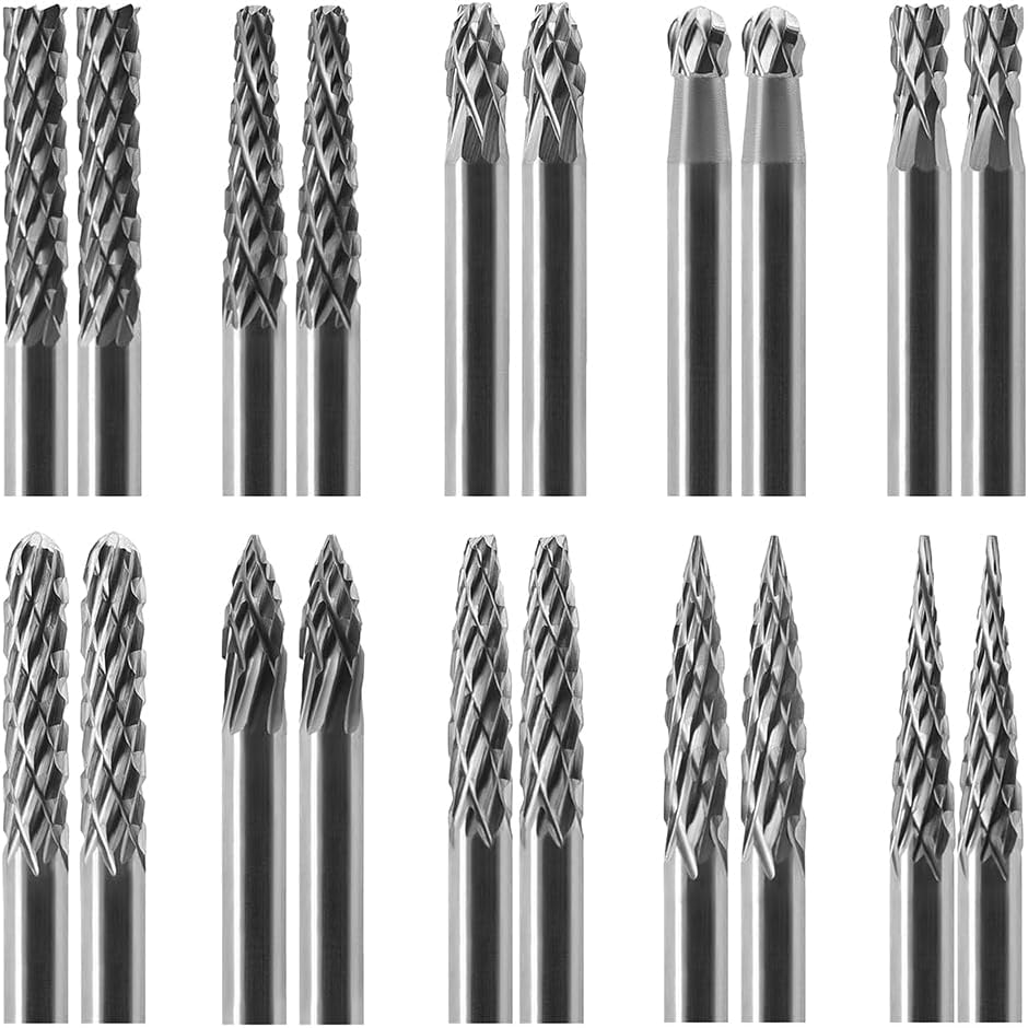 Tungsten Carbide Burr Set 1/8 (3 mm) Shank, Die Grinder Bits, 20 PC Cutting Burr Bits, Carving Bits for Dremel, Double Cut Rotary Burr Set for Metall Carving, Engraving, Drilling, Polishing