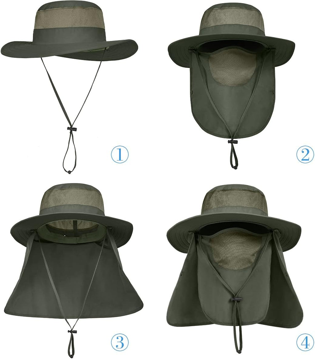 3 Pack Mens Outdoor Wide Brim Fishing Hat,UPF 50+ Sun Protection Cap with Face Neck Flap for Hiking & Garden