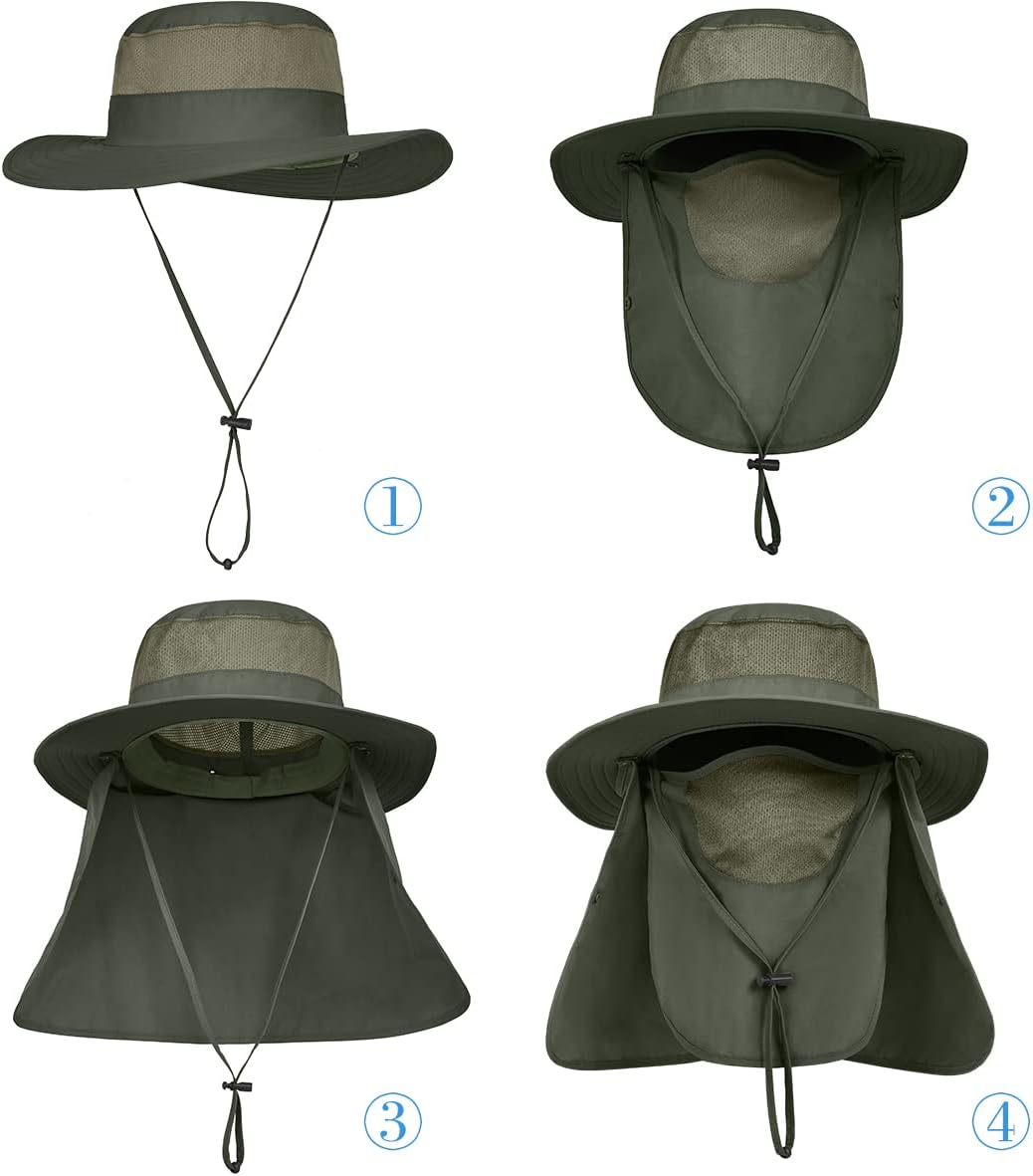 3 Pack Mens Outdoor Wide Brim Fishing Hat,UPF 50+ Sun Protection Cap with Face Neck Flap for Hiking & Garden