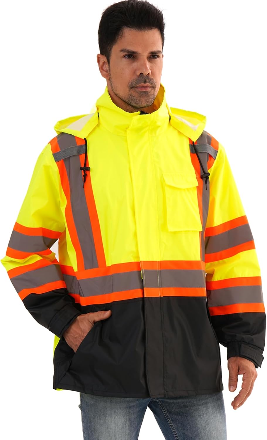 Reflective Rain jackets for men waterproof,Hi Vis Safety Coat With Reflective Strips，High Visibility Class 3 Rain jackets With 2 large pockets，Zipper,Lime,4XL/5XL