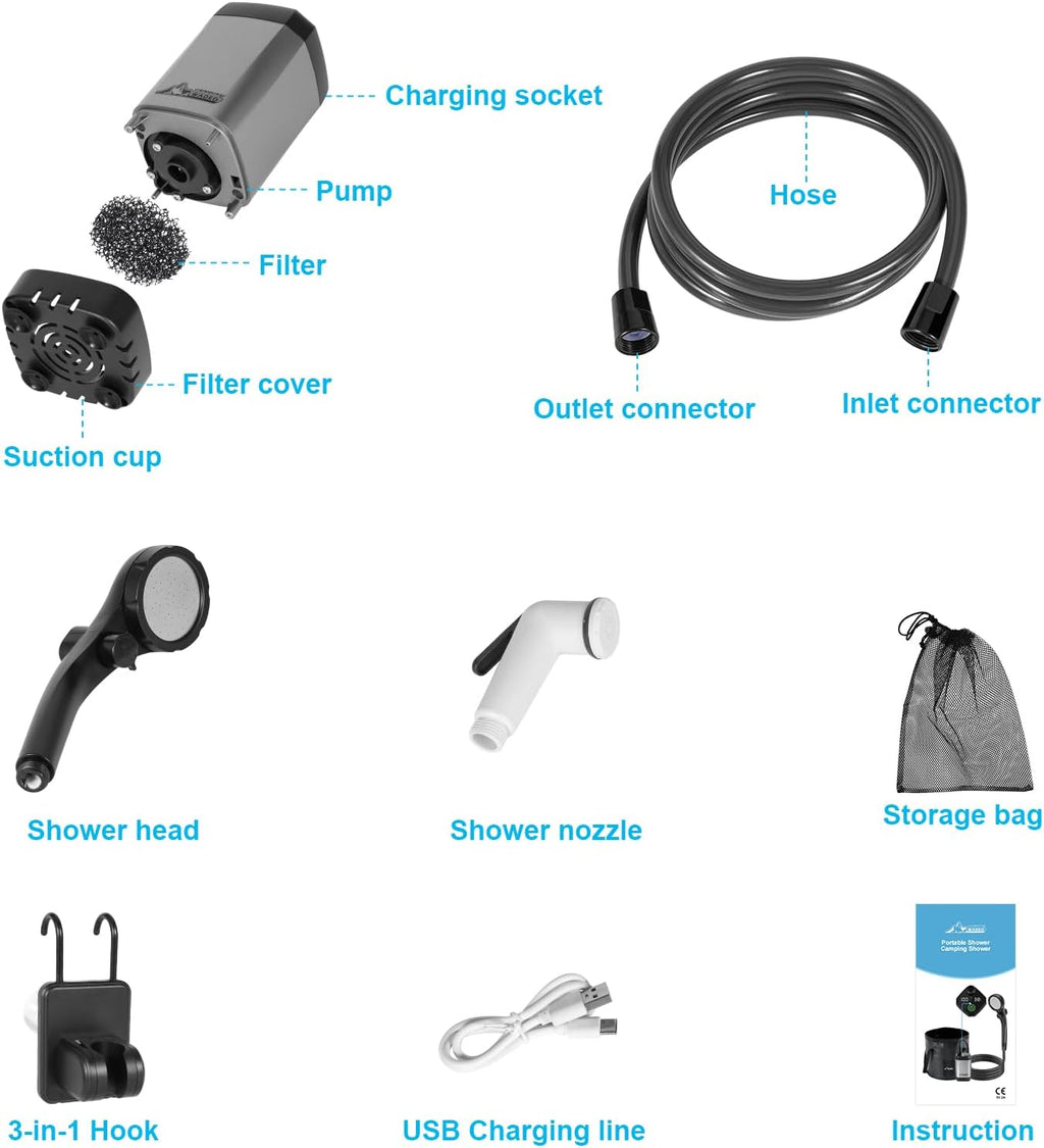 WADEO Portable Shower for Camping, 6000mAh Outdoor Electric Shower Rechargeable Pump with Intelligent Digital Display, Camping Shower Head Nozzle for Camping, Hiking, Traveling, Washing