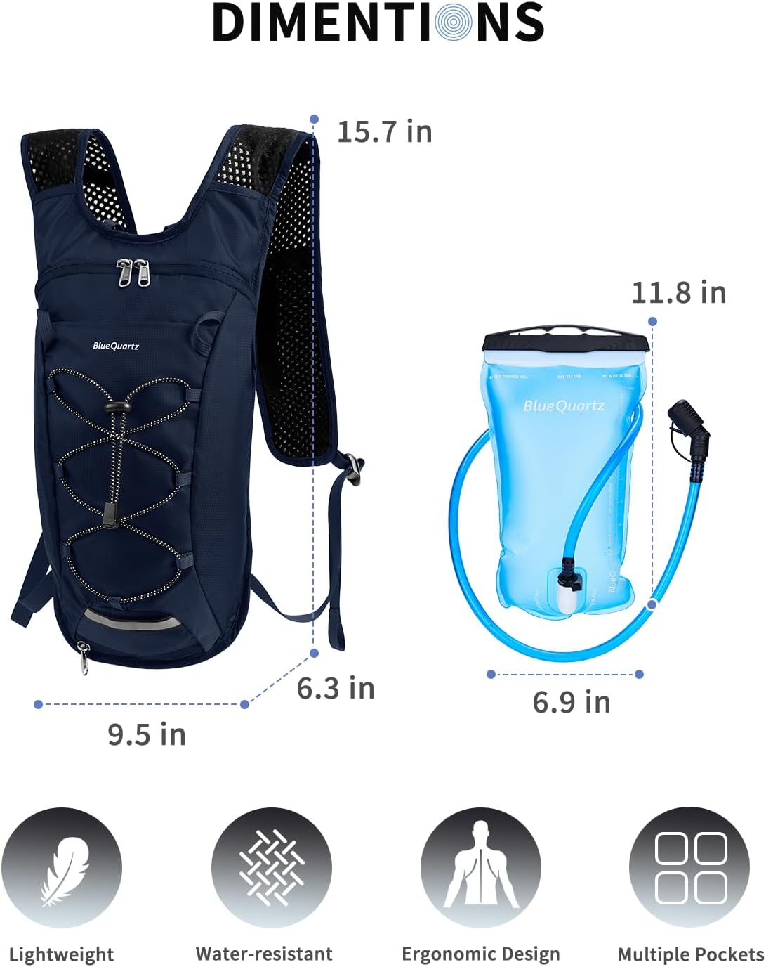 Blue Quartz Hydration Backpack with 2L Water Bladder, Hiking Water Pack with Insulated Compartment for Women Men, Lightweight Cycling Daypack with Phone Pocket, Hydration Pack for Running,Biking