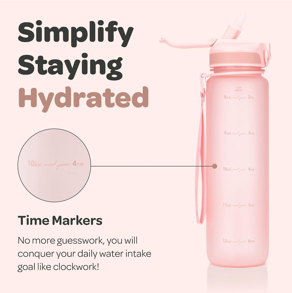 Hydracy Motivational Water Bottle with Time Marker and Straw Lid 32 oz