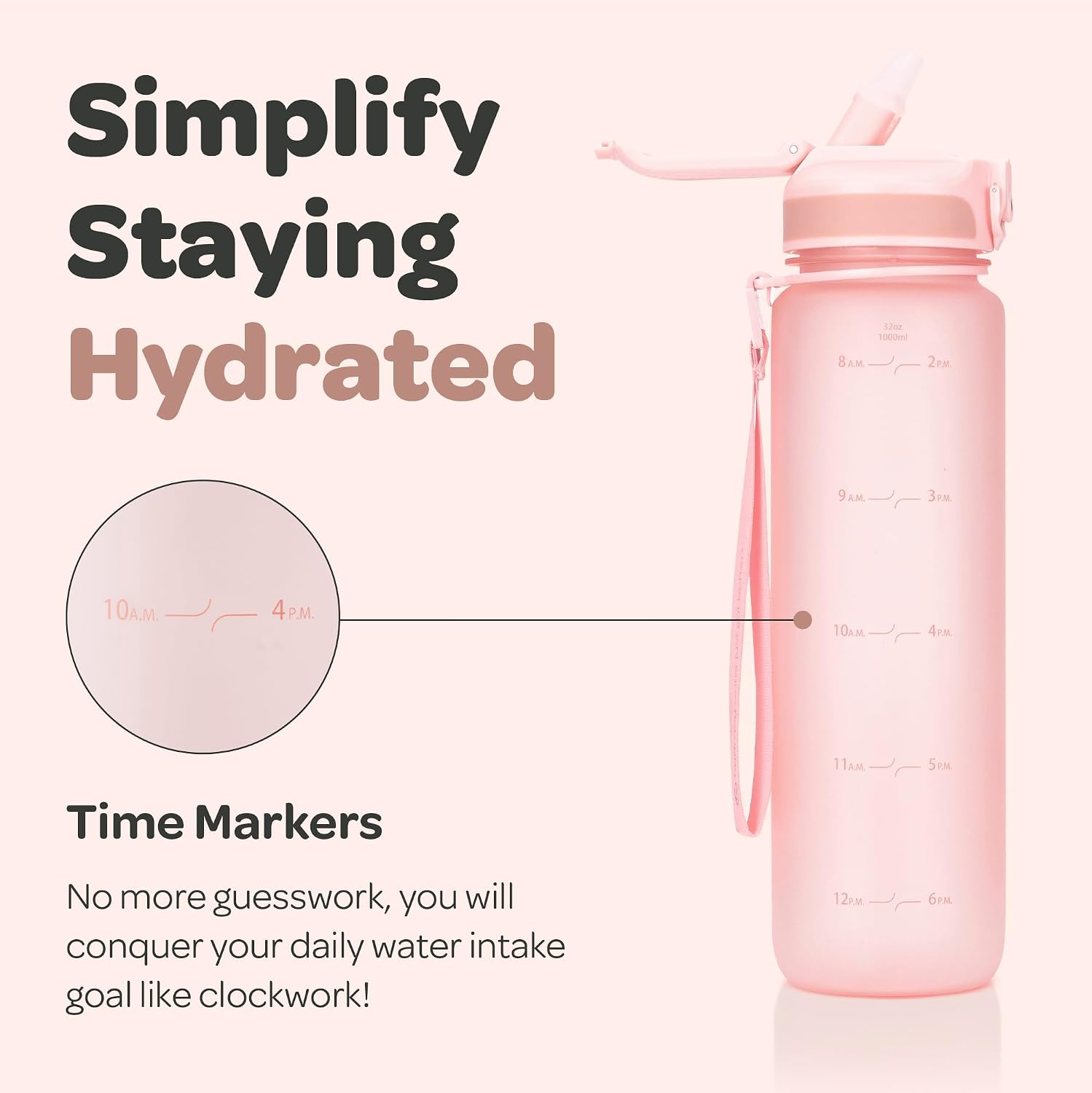Hydracy Motivational Water Bottle with Time Marker and Straw Lid 32 oz